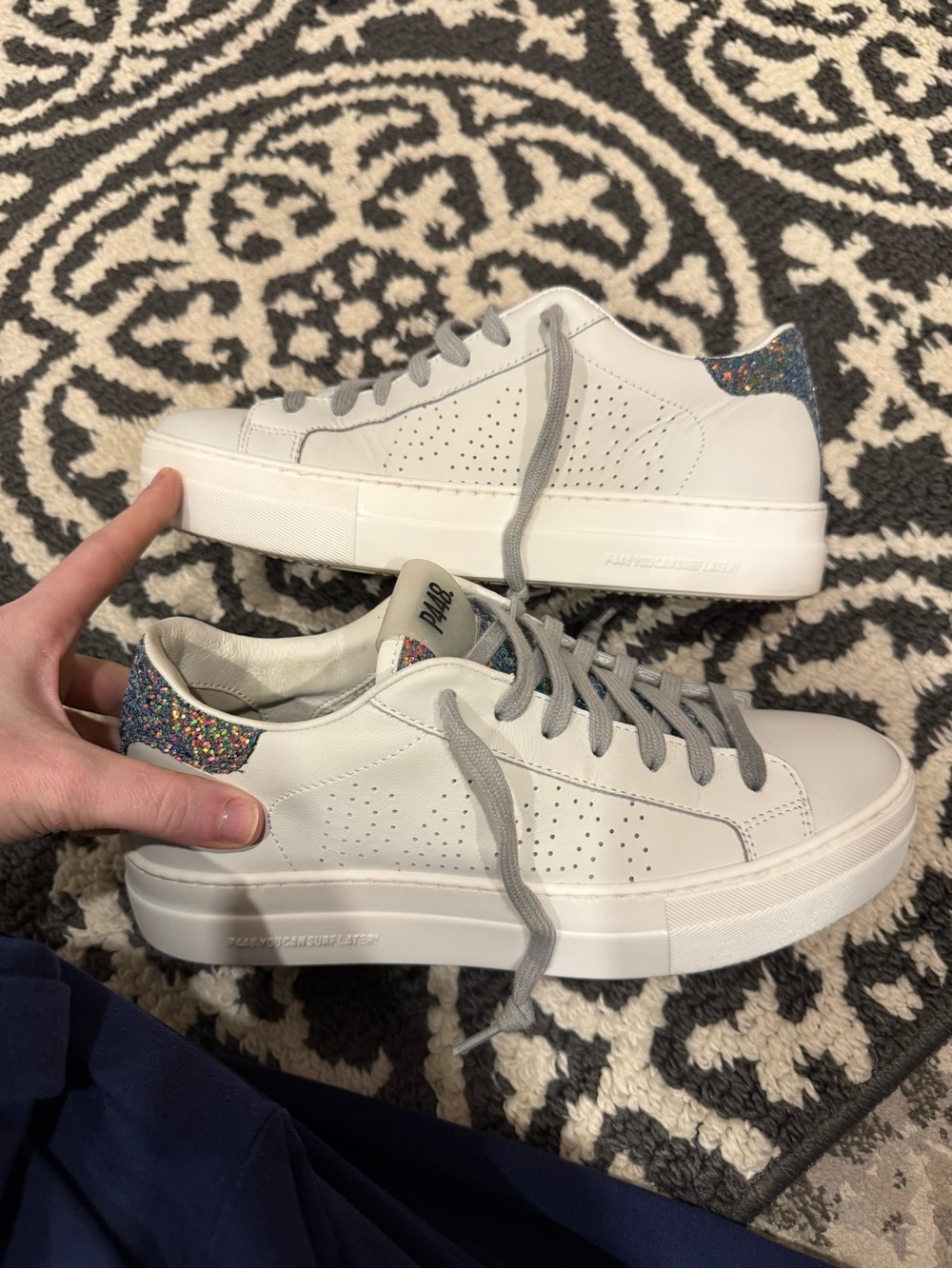 P448 Women's White Leather Sneakers with Multicolor Glitter Size 37